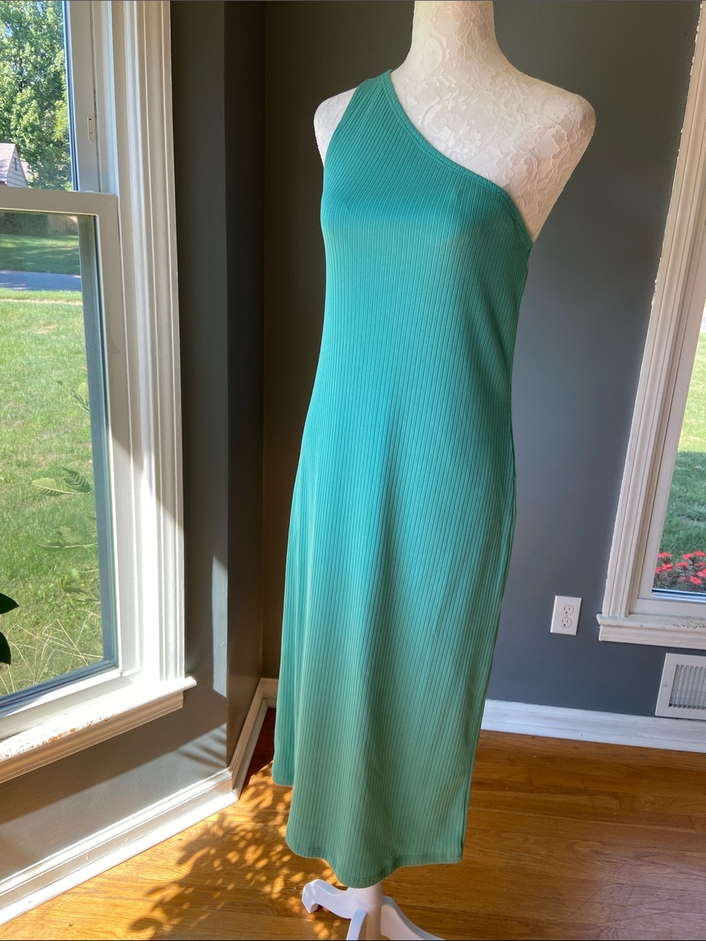NWT GAP One-Shoulder Ribbed Midi Dress, Teal Green Size Medium